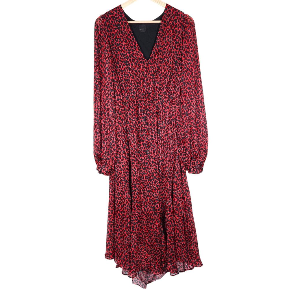 PINKO Womens Garden Animal Jacquard Midi Dress 10 Red Black Leopard Print Glam